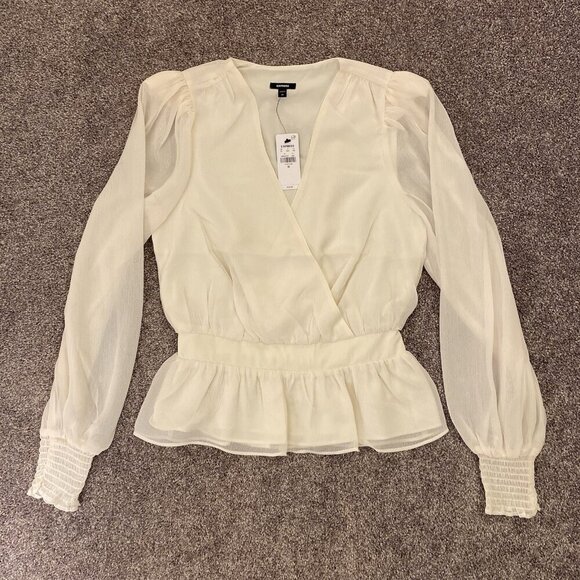 Express Women's V-Neck Smocked Cuff Peplum Top Long Sleeves Swan Size XS NWT $54 - Picture 8 of 16